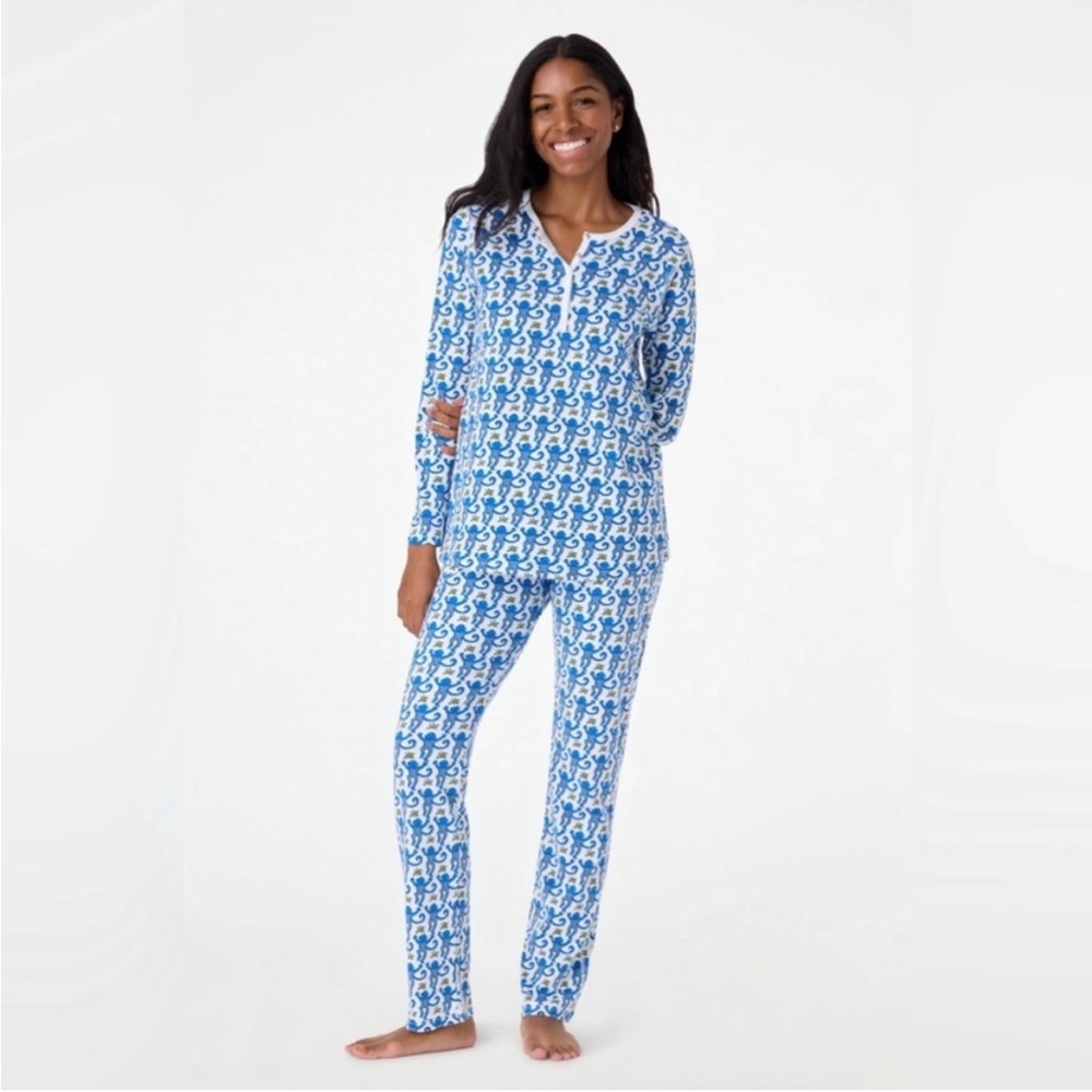 Women's ROLLER RABBIT Blue MONKEY Long-Sleeve Henley Pajama Set - Never Worn
